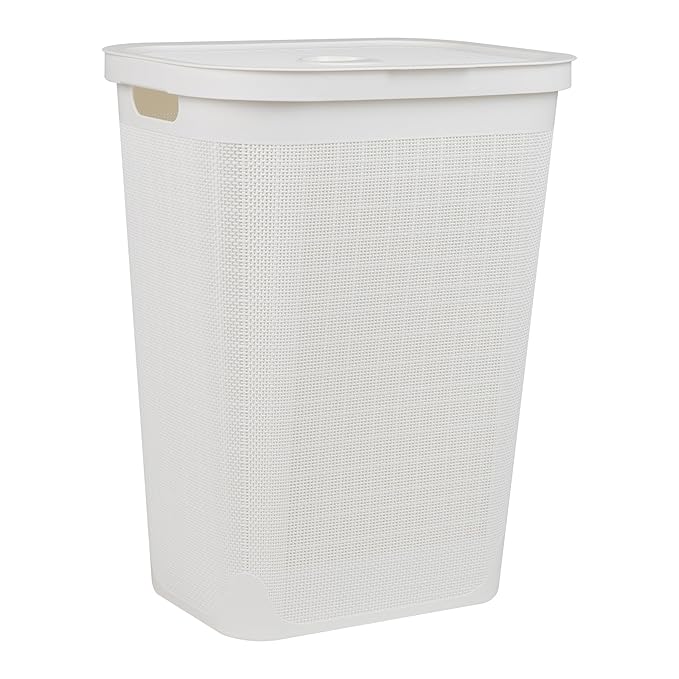Mind Reader 60L Slim Laundry Hamper, Clothes Basket, Lid, Linen Design, Plastic, White