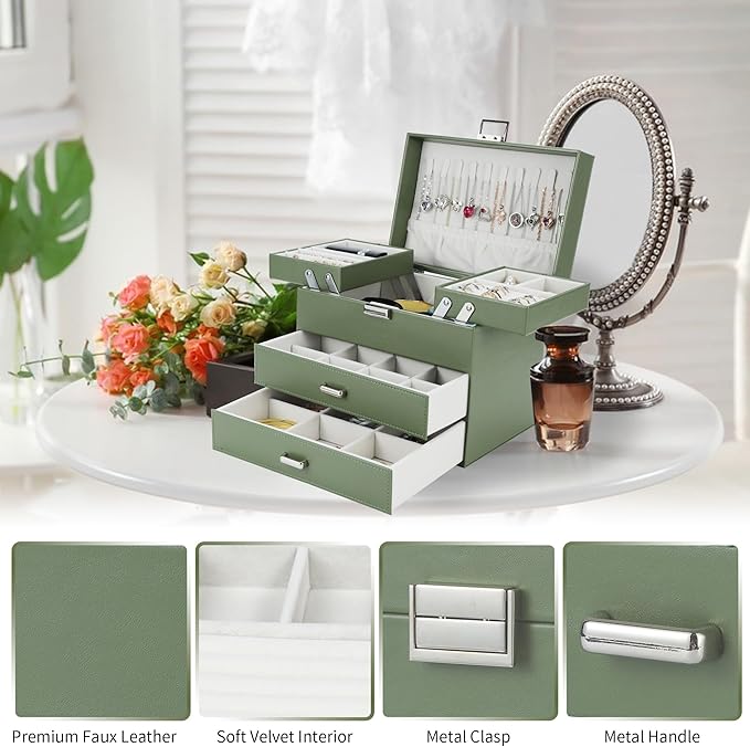Dajasan Jewelry Organizer Box, Large Jewelry Boxes for Women Girls, Space-Saving 4 Layers Jewelry Storage Case with Drawer, Movable Metal Stand, Modern, Gift Idea (Green)