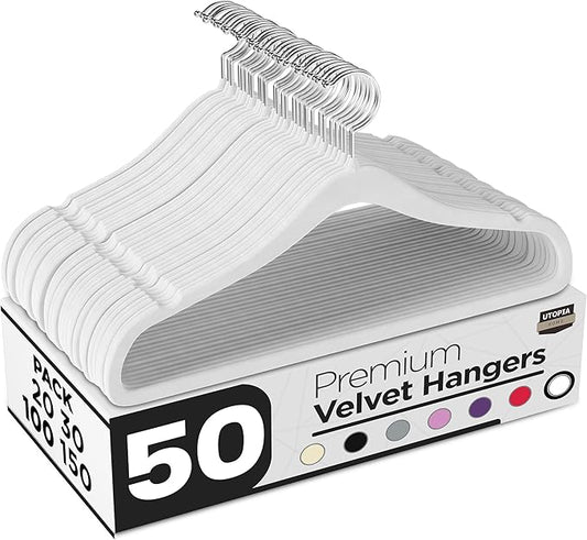 Utopia Home Velvet Hangers 50 Pack – Luxury Non-Slip Slim Pant & Coat Hangers, Strong Space-Saving Clothes Hangers with Pants Bar and 360° Swivel Hook – White