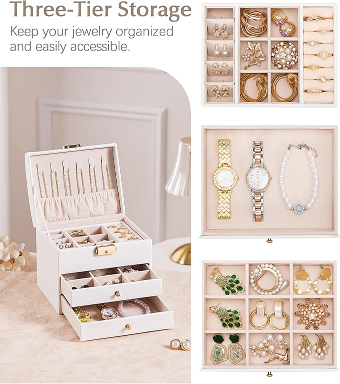 Homde Mothers Day Gifts Small Girls Jewelry Box with Lock: 3 Layer Organizer with Removable Tray - Storage for Ring Necklace Earring - Birthday & Return Gifts for Young Women (Cloud White)