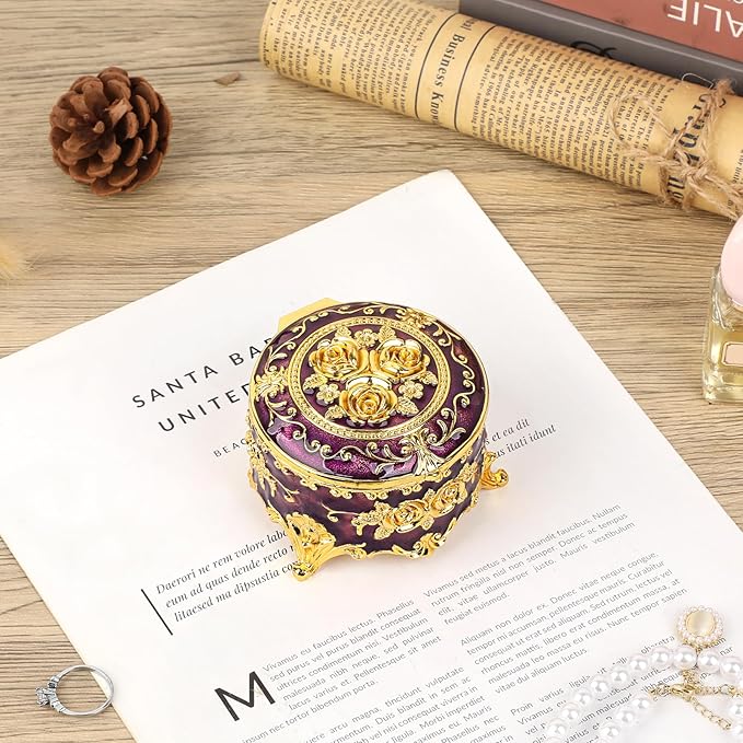 Hipiwe Vintage Jewelry Box Small Trinket Storage Organizer Box Gold Metal Chest Ring Case Treasure Chest Round Keepsake Boxes for Earrings Necklace Gift for Women,Purple