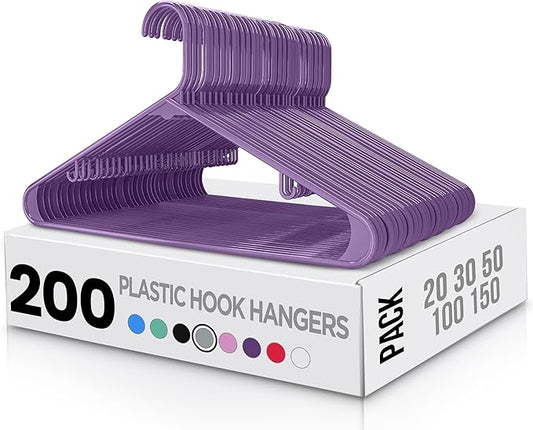 Utopia Home Plastic Hangers 200 Pack - Clothes Hanger with Hooks - Durable & Space Saving Coat Hanger - Heavy Duty Purple Hangers - Skirt Hangers