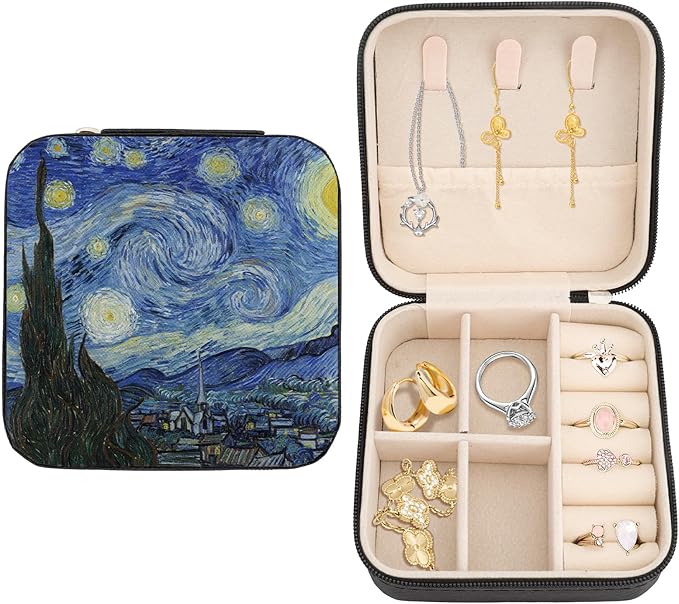 Travel Size Jewelry Case Personalized Jewelry Storage Box Portable Jewellery Box Organiser Jewellery Holders for Ring Necklace Bracelet Earring Women Gifts Van Gogh Starry Night Blue Black