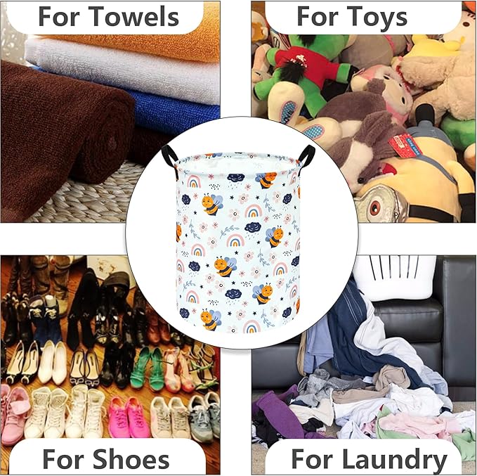 MAIZMZ Rainbow Bee Print Canvas Laundry Basket,Waterproof Storage Bin with Handles 15.7" D×19.7" H Foldable Toy Organizer Decor Gift Basket for Kids' Bedroom & Home Organization