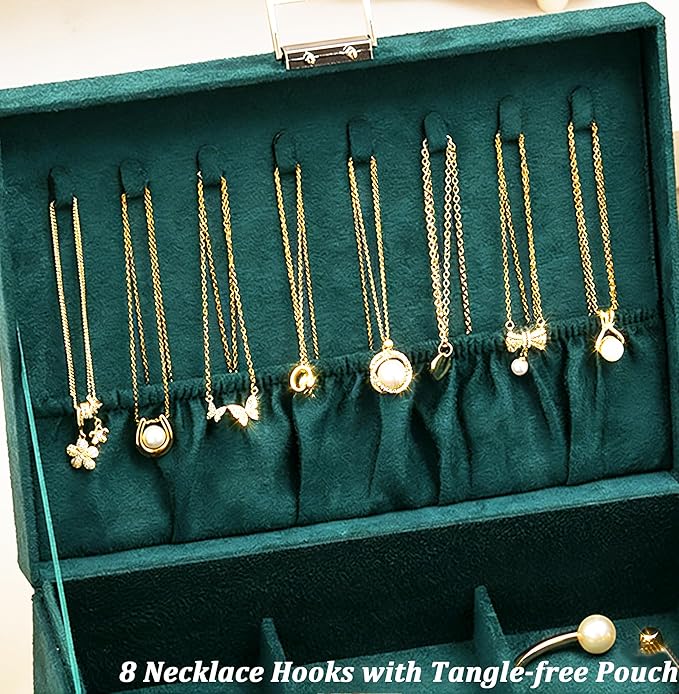 QBestry Jewelry Box for Women with Drawer, 3-Layer Large Jewelry Organizer with Lock & Key, 8 Necklace Hooks & 56 Earring Holes, Green Velvet Jewelry Storage Box for Necklaces Earrings Rings Bracelets