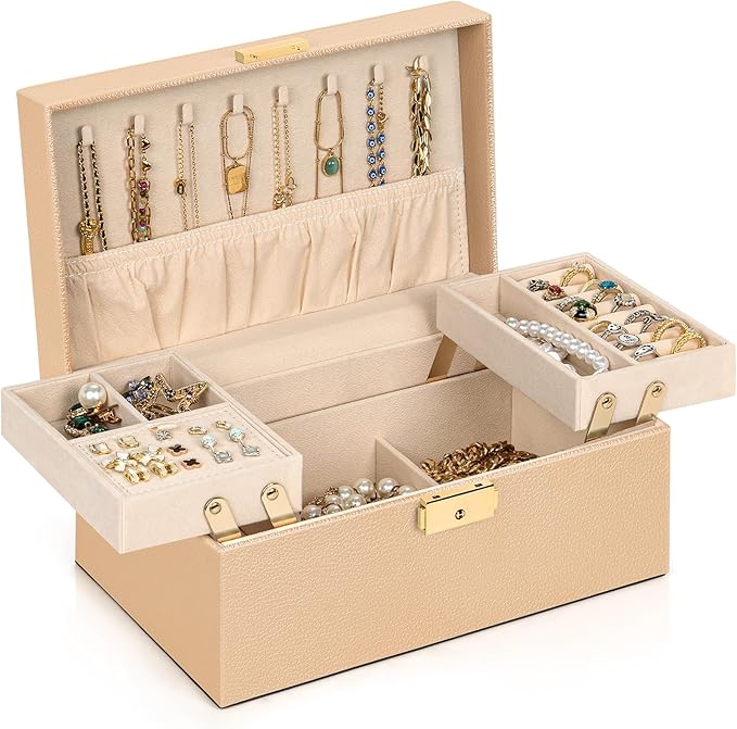 AKOZLIN Travel Jewelry Box Organizer Functional 2-trays Leather Jewelry Storage Case with Lockable Portable for Women Girls Ring Necklace Earring Bracelet Champagne