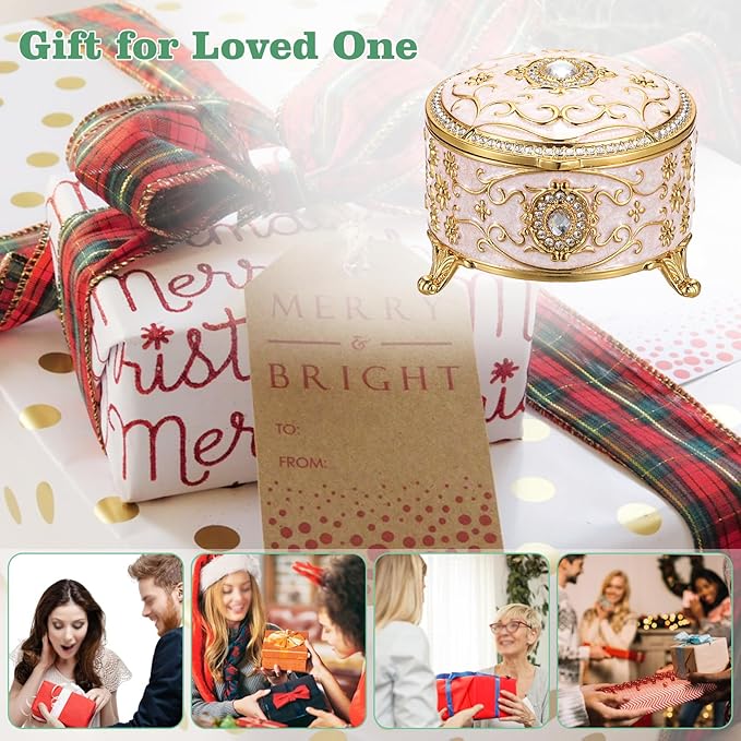 Hipiwe Metal Jewelry Box Small Treasure Chest Box Vintage Round Trinket Organizer Ring Holder Enameled Jewelry Box for Earrings Necklace Holder Gift for Birthday Christmas,Home Decor,Beige