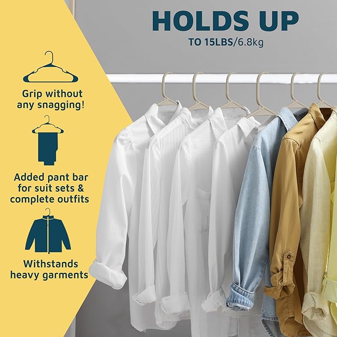 Lifemaster Plastic Clothes Hangers – Heavy Duty Hanger Set, for Organizing Clothes, Dresses, and Coat, Holds Up to 5 lbs, Space-Saving Hangers with Non-Slip Shoulder Grooves, Pack of 30, Ivory