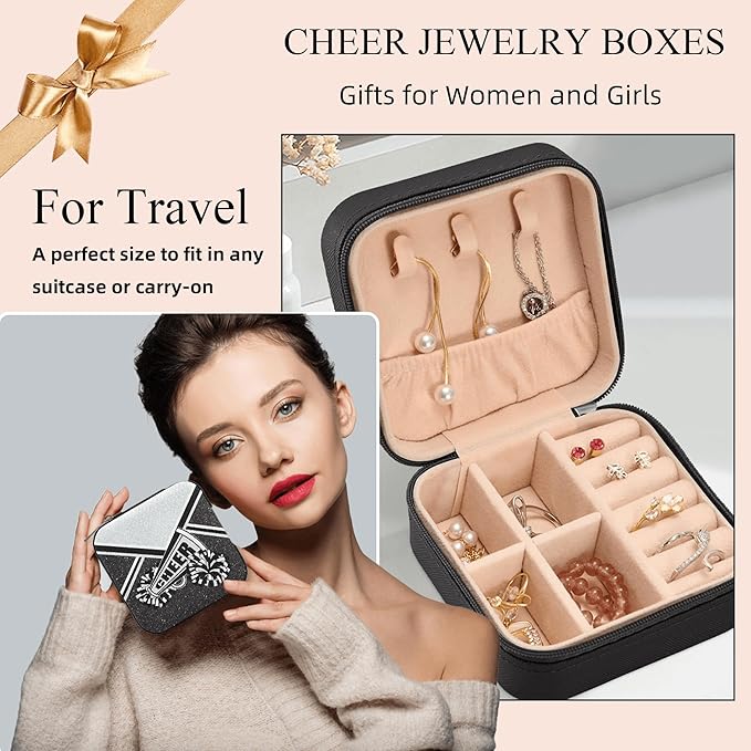 Cheerleader Jewelry Case, Mini Travel Box for Women, Cheer Team Gifts for Girls (Silver)