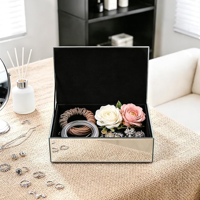 Luxury Mirrored Jewelry Box with Crushed Diamond - Glass Jewelry Box Organizer Storage Ring Holder Case for Women