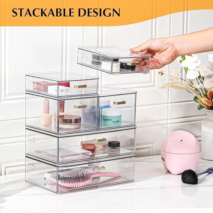 LALOBLUE Stackable Storage Drawers, 6 Pack Clear Acrylic Organizer Bins with Golden Handles, Multi-Size Plastic Drawers for Makeup, Vanity, Kitchen, Bathroom, Office, Pantry Organization and Storage