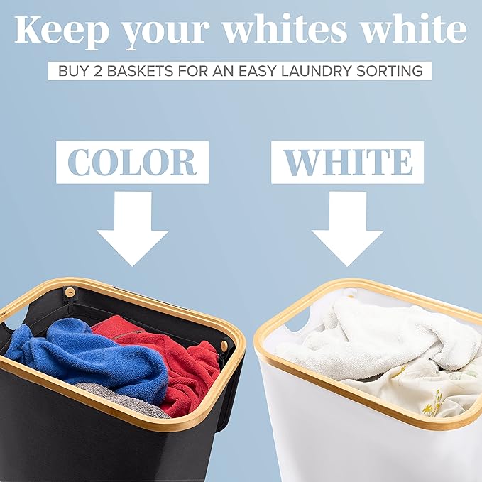 LONBET Laundry Basket with Lid, Made from Breathable Fabric | Aesthetic Clothes Hampers for Laundry with Side Handles & Sturdy Bamboo Frame (26 Gallons - Single, Black)