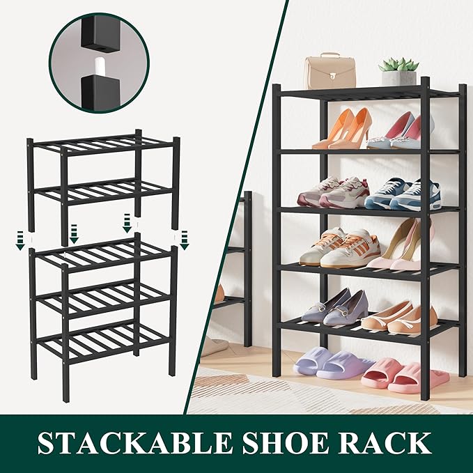 Smiry Bamboo Shoe Rack for Closet, 2 Tier Long Wooden Stackable Shoe Organizer, Free Standing Shoes Storage Shelf for Entryway, Front Door Entrance, Black