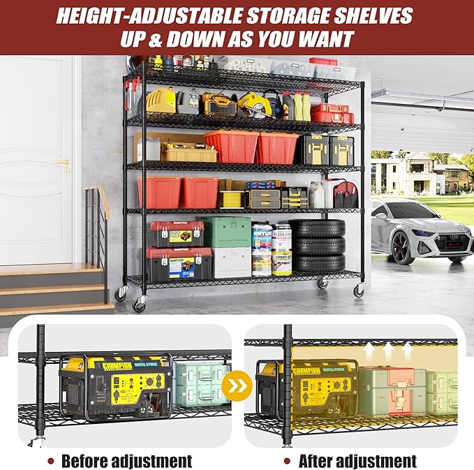 PrimeZone 5 Tier 80.7"H x 55.5"W x 24"D Wire Shelving with Wheels 3000lbs NSF Certified Storage Shelves Heavy Duty Metal Shelf Adjustable Rolling Rack Commercial Garage Restaurant Warehouse Kitchen