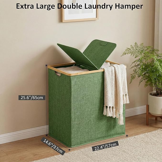 efluky Laundry Hamper with Lid, Double Laundry Hamper with 2 Removable Bags, 2 Section Laundry Basket with Bamboo Handles for Bathroom, Bedroom & Laundry Room,140L Green