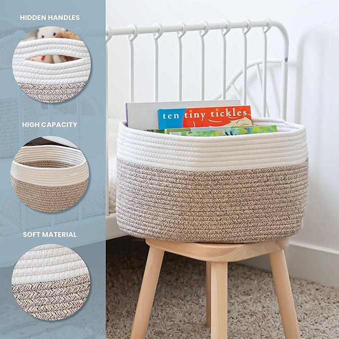 OrganiHaus Rope Baskets for Shelves - Set of 3 Woven Storage Baskets for Organizing, Closet & Toy Storage - Brown/Off-White - 15x9x10