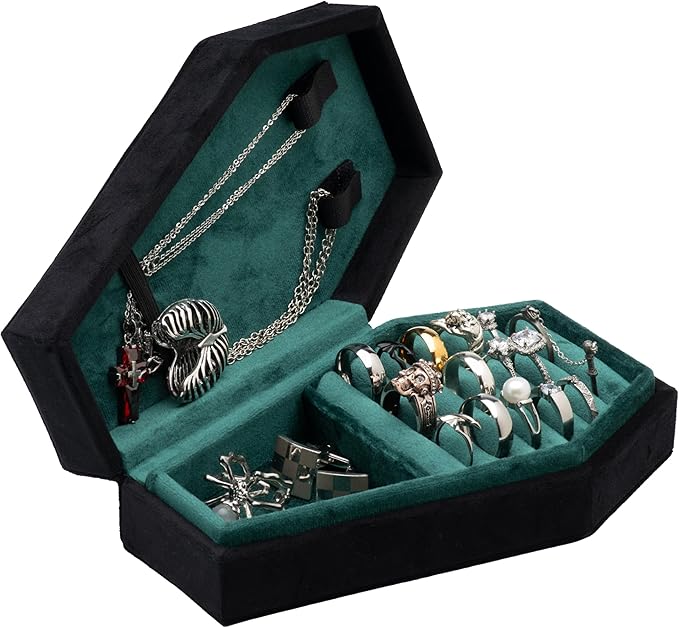 Velvet Coffin Jewelry Travel Case Holder for Gothic Wedding Ceremony Jewelry Organizer Decoration (Black and Green)
