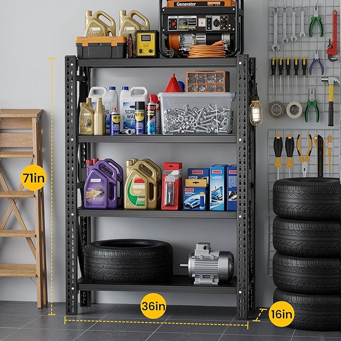 Heavy Duty Garage Shelving, 36" W x 16" D x 71" H, 3000 LBS Capacity, 4-Tier Adjustable Metal Storage Shelves, Reinforced Steel Storage Rack for Garage, Basement, Utility Room