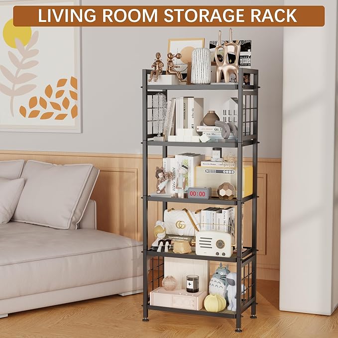 GIOTORENT 5-Tier Pantry Shelves with Wooden Boards, Heavy Duty Storage Shelves & Book Shelf, Adjustable Metal Shelving Unit for Kitchen Bathroom Laundry Organizer, Sturdy Rust-Resistant, Black