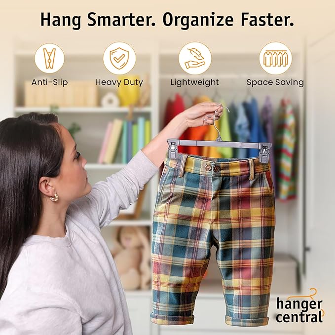 Hanger Central 30 Pack Pants Hangers Slim Plastic Clothes Hangers with Clips for Skirts, Shorts & Trousers – Non Slip Grip, Heavy Duty Space Saver with Swivel Hook – Black Closet Organizer - 10 Inch