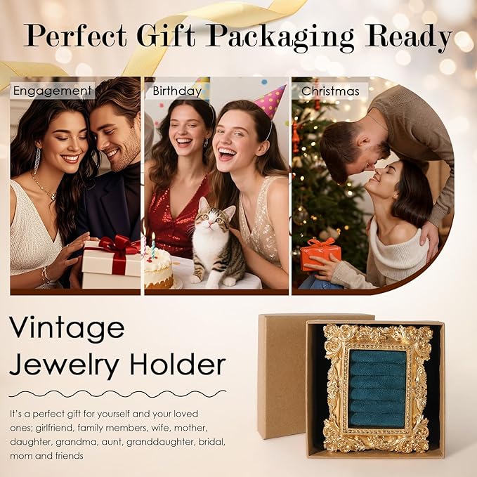 Vintage Ring Holder Rectangle Gold Velvet Display Stand - Baroque Jewelry Organizer Box Tray for Wedding Engagement Anniversary Women Birthday Christmas Gift Photograph Prop (MPF05-Gold Blue)