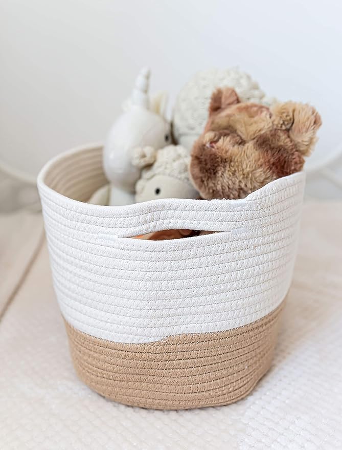 OrganiHaus Rope Baskets for Shelves - Set of 3 Woven Storage Baskets for Organizing, Closet & Toy Storage - Honey/Off-White - 15x9x10