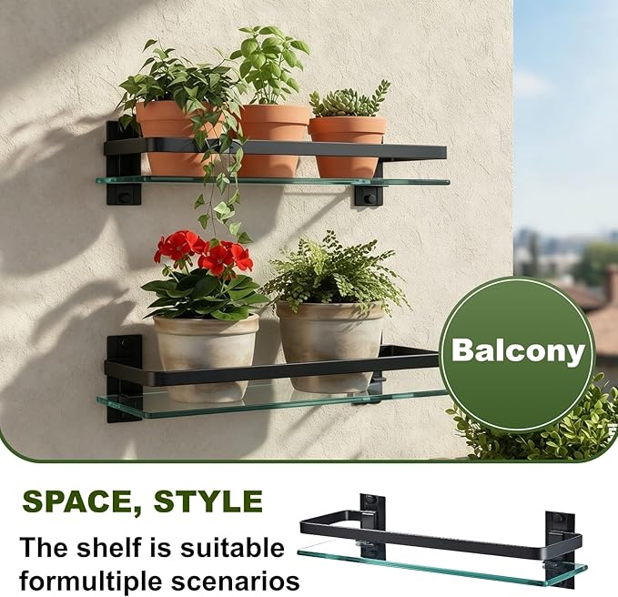 AIJALY 2 Pack Bathroom Glass Shelf, 15.7 Inches Black Bathroom Shower Glass Shelf Wall-Mounted, Metal Storage Floating Kitchen Shelf