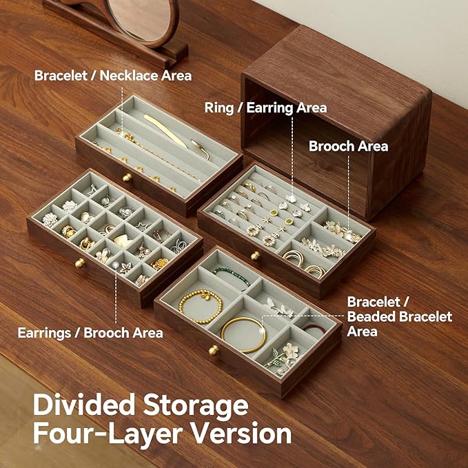 Wooden Jewelry Box for Women Men, Large Velvet Lined Organizer with 4 Drawers, Solid Black Walnut Brass Handles, Jewelry Storage Box for Rings, Necklaces, Earrings
