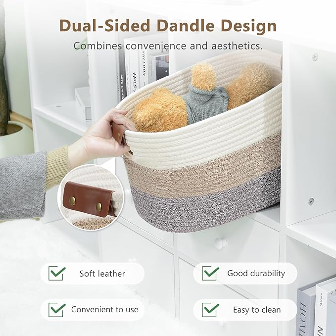 ECDYQXVU Cotton Rope Basket, Storage Baskets with Handle, 15x10x9 Inch Woven Basket for Shelves, Laundry, Towels, Clothes, Books (Gradient Brown 3 Pack)