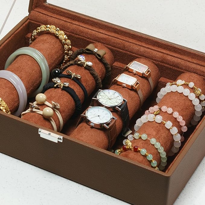 Bracelets Organizer Rods Bangles Display Holder, Clear See through Lid Leather Velvet Jewelry Storage Box Case for Women, 4 Rods Brown Leather