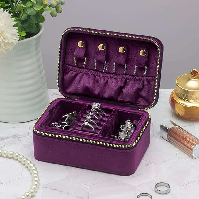 Velvet Travel Jewelry Organizer Box with Zipper Around Portable Accessory Display Tray Holder Storage Case for Multiple Earrings Rings Necklaces Bracelets (Purple)