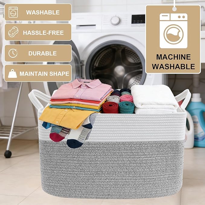 96L Large Blanket Basket,24"x16"x15"Rectangle Storage Bin with Handles,Woven Rope Laundry Basket for Toys, Clothes,Magazines,Home Organization,Nursery,Living Room & Bedroom,White&Grey