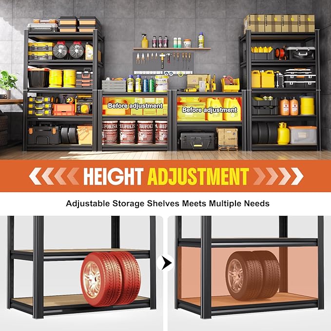 71''H 27.5''W Storage Shelves,2500LBS Garage Shelving ,Adjustable Garage Shelves ,Heavy Duty Metal Shelving, 5 Tier Wood Utility Steel Shelf, Shelving Units and Storage Rack fo Kitchen Pantry Laundry