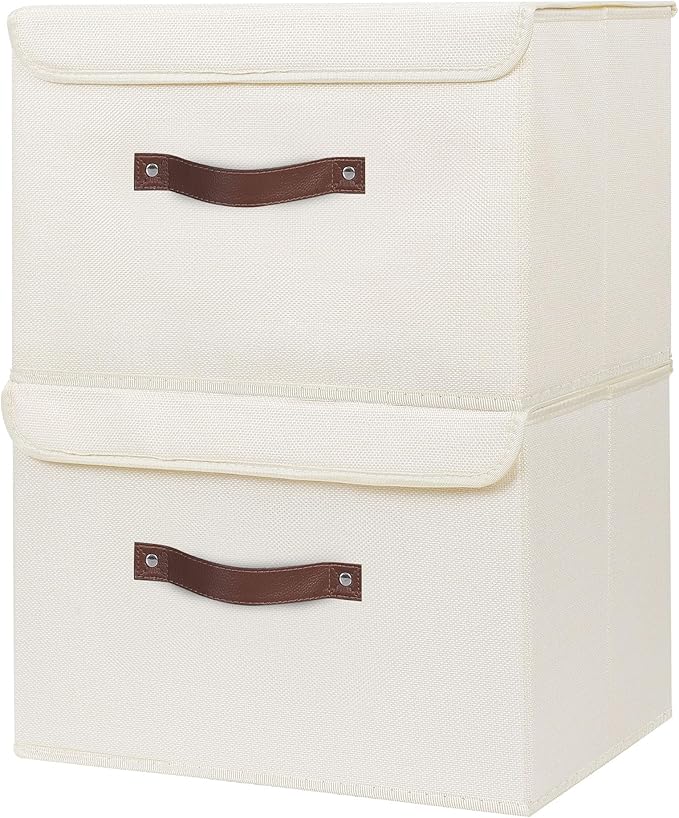 ANMINY 2PCS Storage Bin with Lid Storage Boxes with PU Leather Handles PP Plastic Board Decorative Foldable Lidded Cotton Linen Fabric Home Cubes Baskets Closet Organizer Container - Beige, Medium