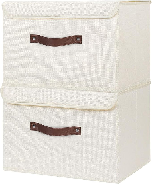 ANMINY 2PCS Storage Bin with Lid Storage Boxes with PU Leather Handles PP Plastic Board Decorative Foldable Lidded Cotton Linen Fabric Home Cubes Baskets Closet Organizer Container - Beige, Medium