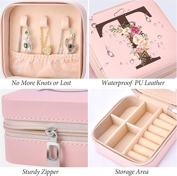 Inngeroo Mom Gifts for Women from Daughter Son, Travel Jewelry Case Box Organizer Personalized Gifts for Mom Wife Women, Gift for Friend Sister Grandma Aunt, Initial T