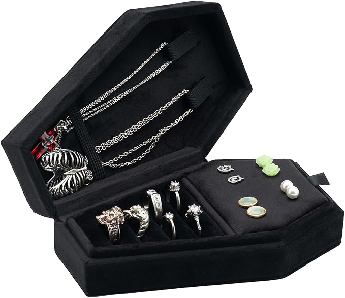 Velvet Coffin Jewelry Travel Case Holder for Gothic Wedding Ceremony Jewelry Organizer Decoration (Black 4 Grid)