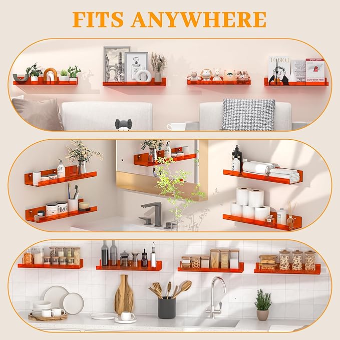 LAZYROSY 2 Pack Floating Shelves– 15'' Orange Acrylic/PET Wall-Mounted No Drill Storage with Adhesive, Bathroom & Bedroom Shelving for Kitchen, Living Room, Home Decor