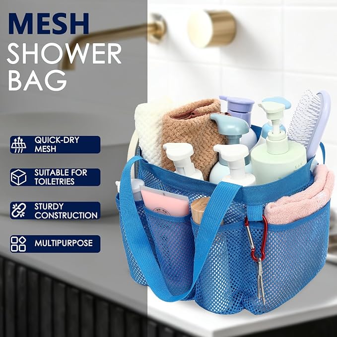 GYEUKHAM Large Mesh Shower Caddy Portable with 8-Pocket for College Dorm Room Essentials,Quick-Dry Handing Shower Basket Tote Bag for Toiletry, Bathroom,Beach,Camp,Gym,Blue