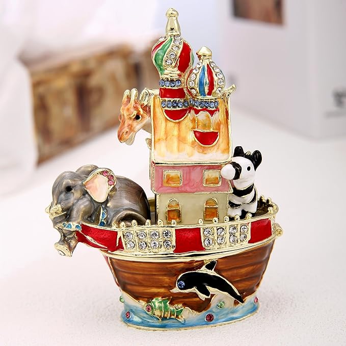 Hand Painted Animal Trinket Box for Home Decor, Hinged Jewelry Organizer Storage, Unique Personalized Collectible Keepsake Figurine Handmade Decorative Ornament Gifts (Noah's Ark)