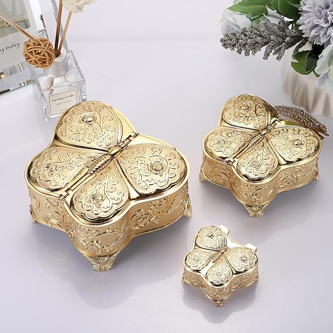 Hipiwe Decorative Jewelry Storage Box Gold Trinket Box for Necklace Ring Earrings Organizer Treasure Keepsake Holder for Women, Medium