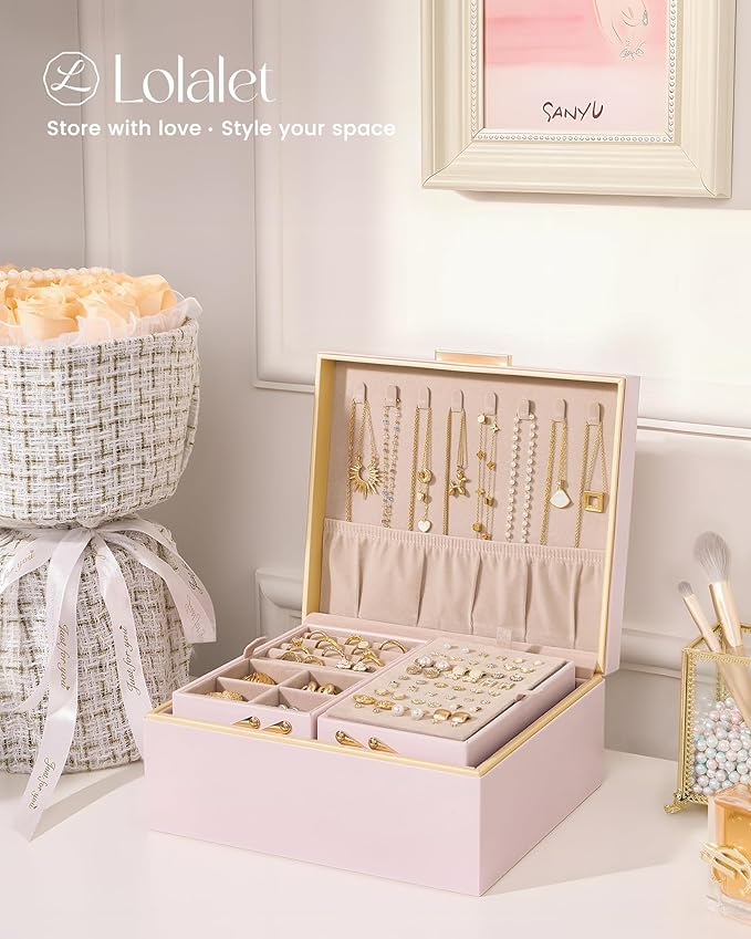 Lolalet Jewelry Box Organizer for Women Girls, 2 Layer Jewelry Organizers and Storage for Necklace Earrings Rings Bracelets, Large Jewellery Holder Case Birthday Mothers Day Gifts -Pink