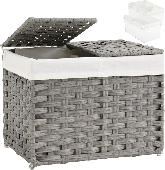 SETVSON Storage Basket with Lid Woven Wicker Baskets with 2 Separate Lid, 9.2 Gallon (35 L) Wicker Storage Bins with Handles, Foldable and 2 Removable Liner Bags for Bedroom, Laundry Room Gray