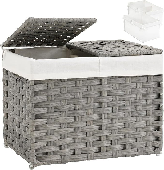 SETVSON Storage Basket with Lid Woven Wicker Baskets with 2 Separate Lid, 9.2 Gallon (35 L) Wicker Storage Bins with Handles, Foldable and 2 Removable Liner Bags for Bedroom, Laundry Room Gray
