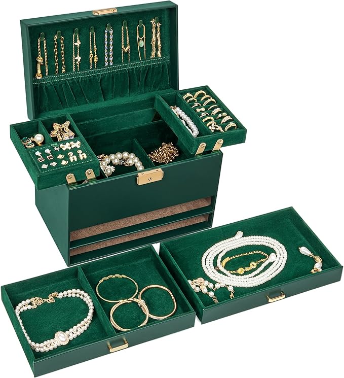 AKOZLIN Travel Jewelry Box Organizer Functional 2-trays Leather Jewelry Storage Case with Lockable Portable 2 Drawers for Women Girls Ring Necklace Earring Bracelet