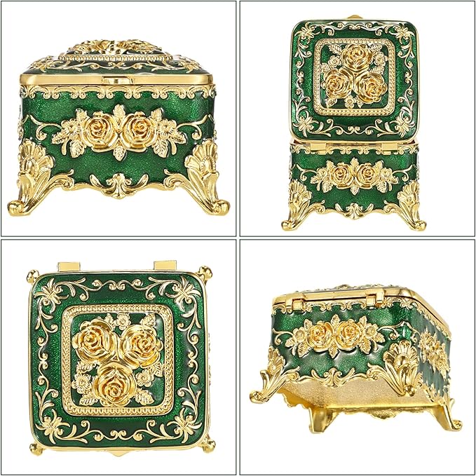 Hipiwe Vintage Jewelry Box Small Trinket Storage Organizer Box Gold Metal Chest Ring Case Treasure Chest Square Keepsake Boxes for Earrings Necklace Gift for Women,Green