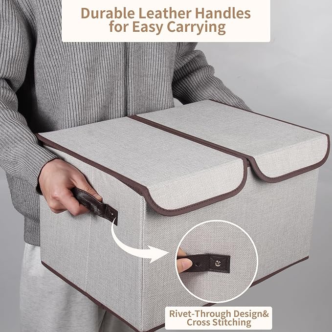 Foldable Fabric Storage Box, 16.5 x 11.8 x 9.8 inches (L x W x H), with Double-Lid & Dividers, Large Organizer for Home, Closet, Office(Grey, 4 Packs)