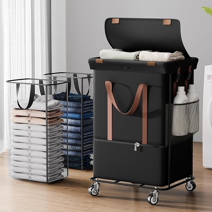 Double Laundry Hamper with Lid, Rolling Laundry Basket with Wheels and 2 Removable 75L Bags, 2 Section Large Capacity for Laundry Bedroom Bathroom Dorm, Easy Move & Organize,150L Black