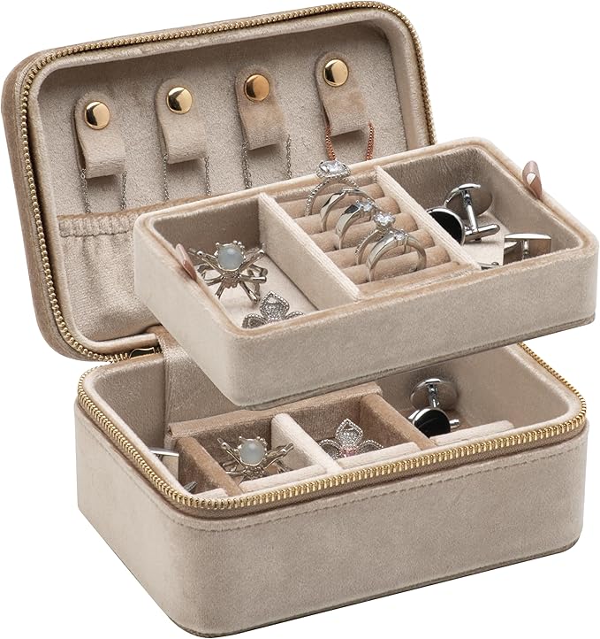 Velvet Travel Jewelry Organizer Box with Zipper Around Portable Accessory Display Tray Holder Storage Case for Multiple Earrings Rings Necklaces Bracelets (Beige)