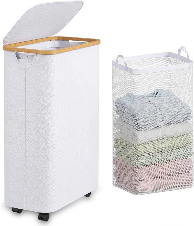 Laundry Basket with Wheels, 75L Clothes Hamper for Laundry, Laundry Hamper with Lid and Inner Bag, for Laundry Room, Bedroom, Dormitory Storage,White